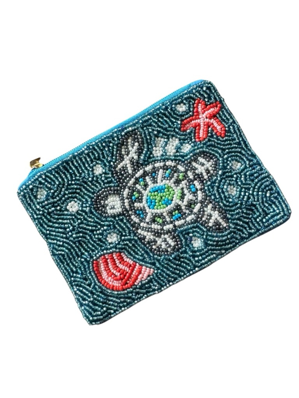 Last One! Handmade Beaded Sea Turtle Wristlet Clutch in Teal and Coral New!